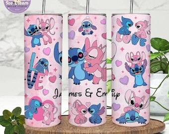 Personalized Watercolor Stitch Angel Tumbler, Disney Happy Valentine's Day Tumbler, Disney Couples Trip Tumbler, Gift for Her Him