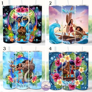 May include: Set of four sublimation designs featuring characters from the animated film Moana. Each design includes a blue background with tropical flowers and the text "Name".