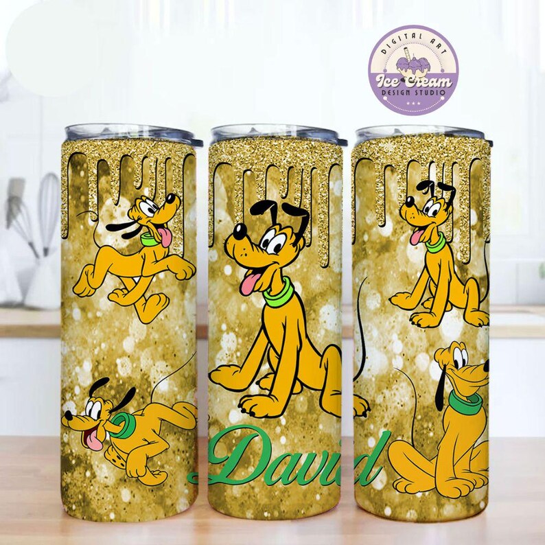 May include: Three gold glitter tumblers with a dripping gold paint effect. Each tumbler features a cartoon image of Pluto, the Disney dog, with the name "David" on one of the tumblers.
