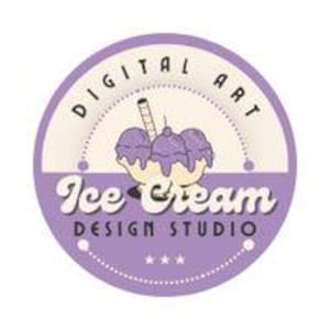 May include: A circular logo with a light purple and cream color scheme. The top half reads "DIGITAL ART" in a semi-circle. The bottom half reads "Ice Cream DESIGN STUDIO". A cartoon ice cream sundae is in the center.
