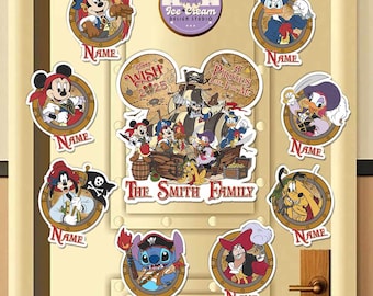 Personalized Mickey and Friends Disney Pirate Magnet, Disney Cruise Magnet, Pirates of the Caribbean Family Cruise Ship Stateroom Door Decor