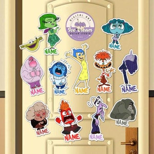 May include: A set of 12 colorful stickers featuring characters from the animated film Inside Out. The stickers are printed on white paper and have a glossy finish. The characters include Joy, Sadness, Anger, Fear, Disgust, Bing Bong, and others. The stickers are perfect for decorating laptops, water bottles, notebooks, and more.