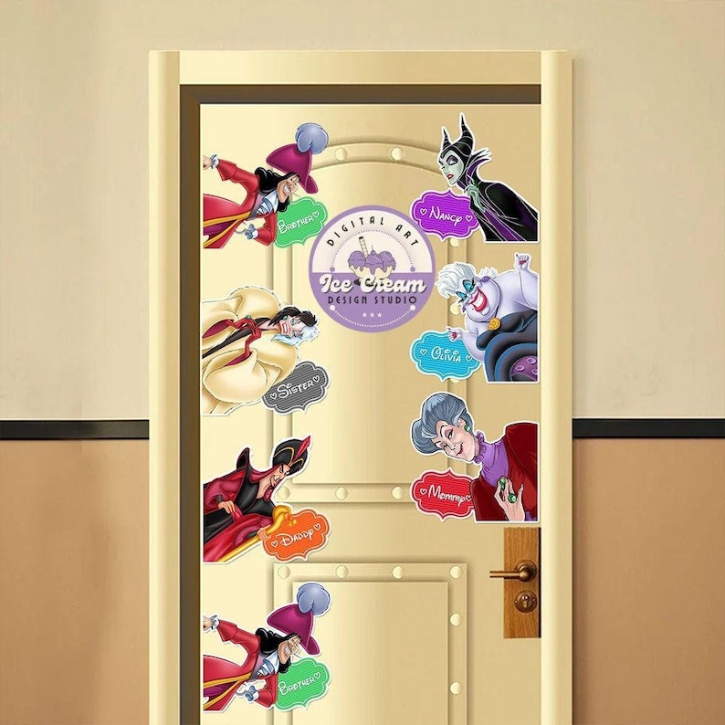 May include: A door decorated with Disney villain characters, including Maleficent, Ursula, Captain Hook, and Cruella de Vil. Each character has a name tag with a heart shape. The door also features a logo for "Digital Art Ice Cream Design Studio."