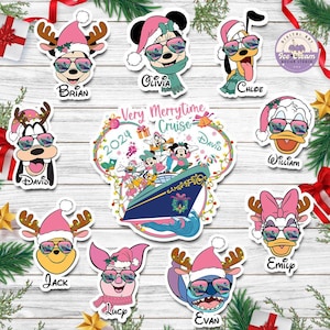 May include: A selection of festive stickers featuring Disney characters in sunglasses and Santa hats. Each sticker is labelled with a name, including Brian, Olivia, and David. The stickers are decorated with reindeer antlers and a cruise ship, with the text "Very Merrytime Cruise 2024".