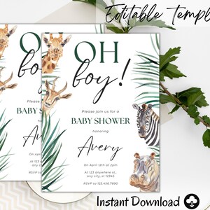 Safari Animals Baby Shower, EDITABLE | Minimalist Baby Shower Invitation, Printable Baby Shower, editable baby shower