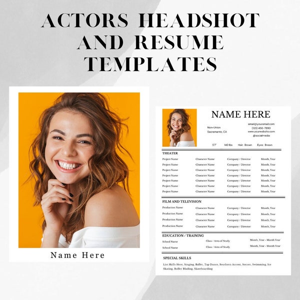 Actor 8 x 10 Headshot Template With Resume On The Back | Customizable Professional Headshot and Resume For Actors | Film TV Theatre Resume