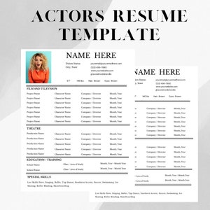 May include: A resume template for actors with a photo of a woman in a bright orange top and blue background. The template includes sections for film and television, theatre, education and training, and special skills. The template also includes space for contact information, union status, height, weight, hair color, and eye color.