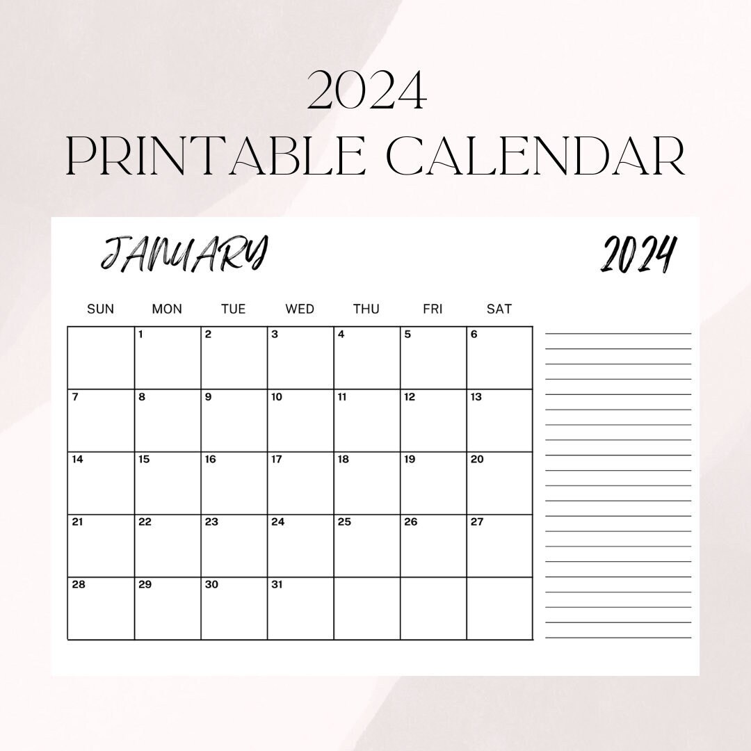 Printable 2024 Monthly Calendar, Letter Sized With Notes Column on Side ...