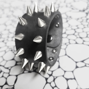 Leather Cuff - Black And Silver Spikes - Leather Spiked Punk Bracelet