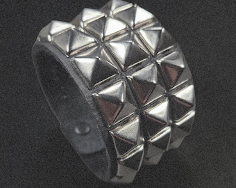 Leather Cuff Bracelet Studded With Three Rows Pyramid Studs - Black