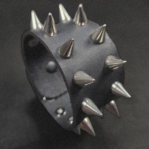 Leather Cuff - Black And Silver Spikes - Leather Spiked Punk Bracelet