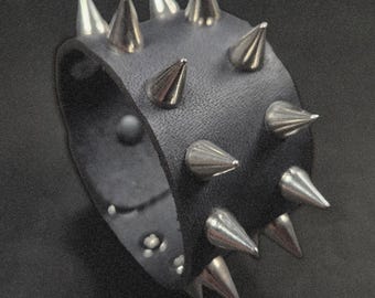 Leather Cuff - Black And Silver Spikes - Leather Spiked Punk Bracelet
