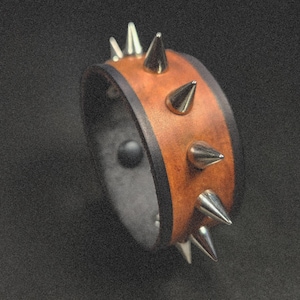 Leather Cuff - Black And Tan - Leather Spiked Bracelet - Custom Sizing Read Description