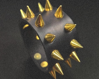 Leather Cuff - Black And Gold - Leather Spiked Bracelet - Custom Sizing