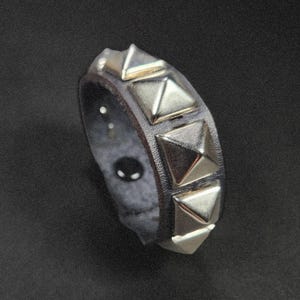 Leather Cuff Bracelet Studded With Single Row Pyramid Studs - Black