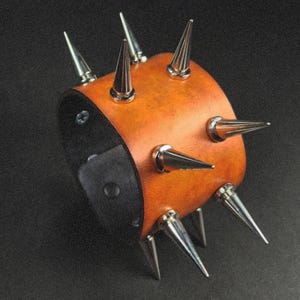Leather Cuff - Bridle Brown - Leather Large Spiked Bracelet - Custom Sizing