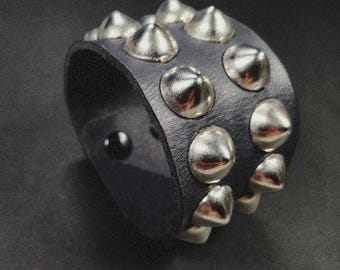 Leather Cuff Bracelet Studded With Two Rows Cone Studs - Black