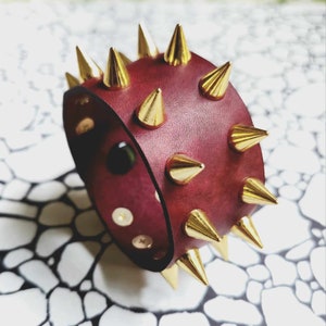 Leather Cuff - Red with Gold Spikes - Leather Spiked Punk Bracelet