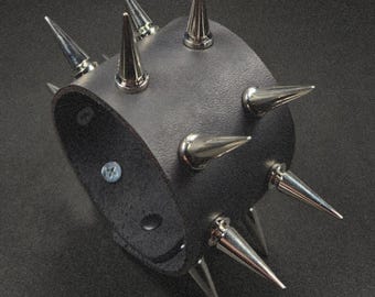 Leather Cuff - Black - Leather Large Spiked Bracelet - Custom Sizing
