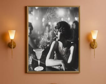 1920s Flapper Art Print | Art Deco Glamour Poster, Vintage Bar Decor
