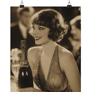 1920s Flapper Girl Art Deco Poster Print: Retro Champagne Party Decor