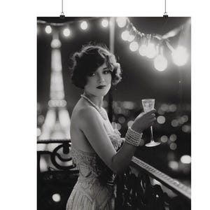 1920s Flapper Woman Poster: Paris Balcony, Eiffel Tower Night Scene