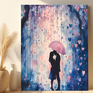 Romantic Rainfall Silhouette Matte Canvas Print, Couples Wall Art, Valentines Day Gifts, Wedding Anniversary, Abstract Art