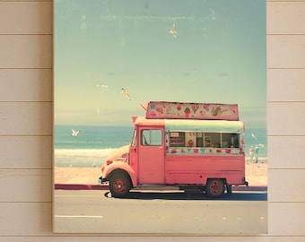 Ice Cream Truck Canvas Print – Retro Coastal Wall Art, Vintage-Inspired Summer Decor, Polaroid Beach Vibes