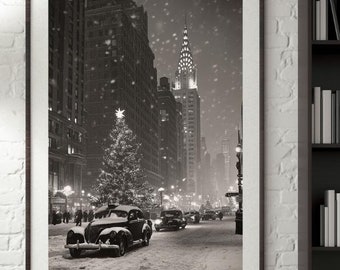 Vintage New York City Winter Canvas Print: Classic Snowy Christmas in Manhattan, black and white NYC Print, Christmas in NY, NYC lovers