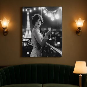 1920s Flapper Girl Canvas Print: Paris Balcony, Eiffel Tower Glam Decor
