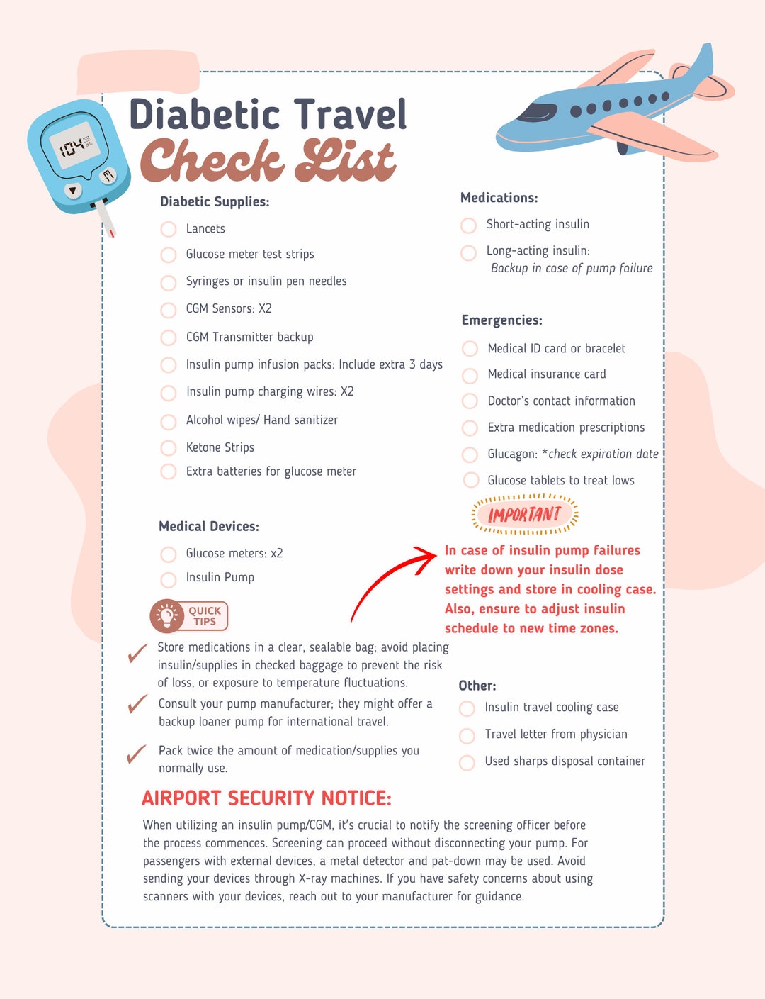 Diabetic Travel Checklist Printable PDF DIGITAL Download/canva Template