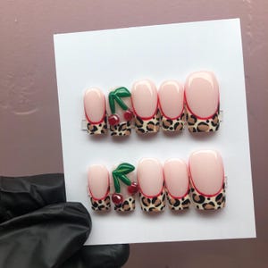 Cherry leopard nails, press ons, glue on nails, nails, cute nails, fake nails , soft nails, gel nails, cherries nails, press on nails
