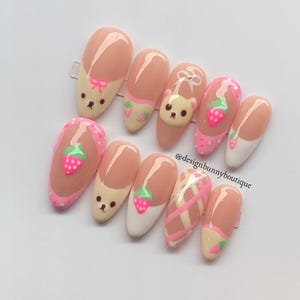 Korilakkuma Press On Nails: Handmade Bear & Strawberry Nail Art