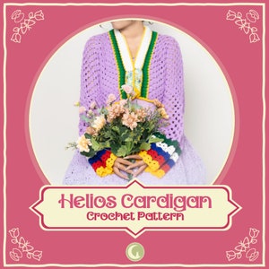 May include: A purple crochet cardigan with colorful stripes on the sleeves. The cardigan has a green and yellow trim around the neckline. The text "Helios Cardigan Crochet Pattern" is displayed on a yellow banner.