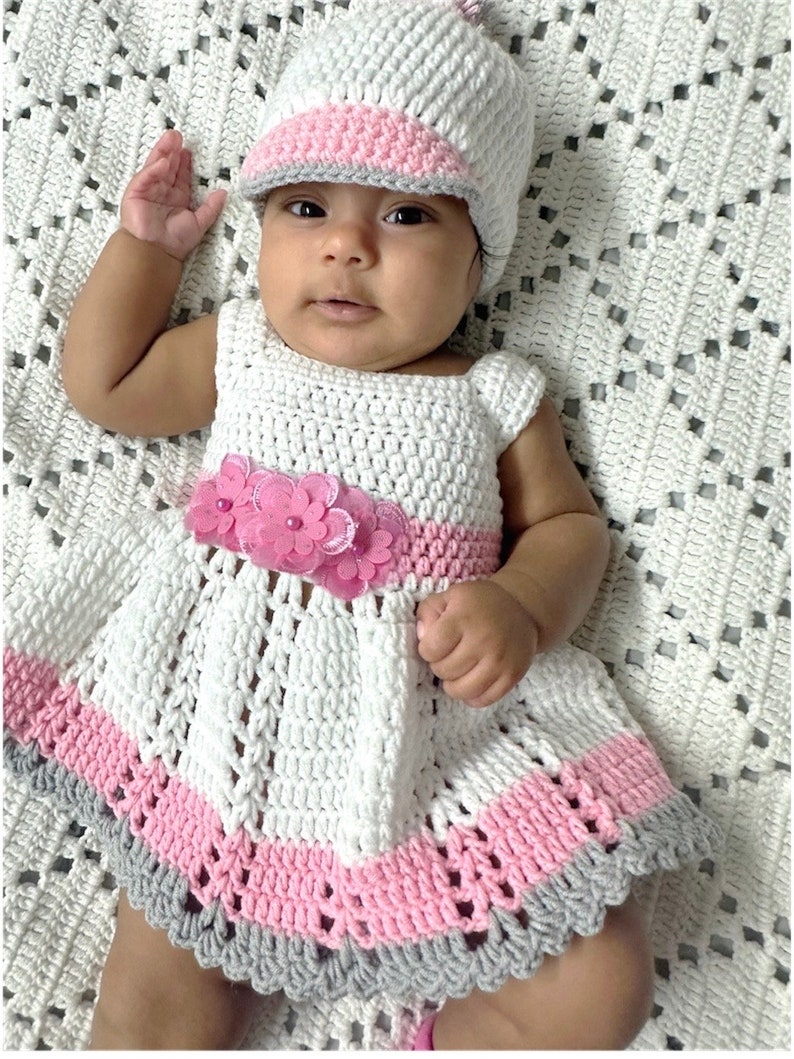 White and Pink Crochet Baby Outfit. Set for New Born. Coming Home