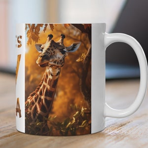 Inquisitive Giraffe Coffee Mug: Autumn Leaves, 'Where's My Java'