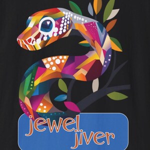 May include: A colourful geometric snake design with a blue background and the text "jewel! jiver" in orange.
