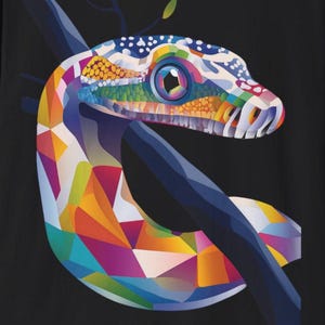 May include: A colourful, geometric snake with a blue eye, wrapped around a branch. The snake is made up of various shapes and colours, including red, orange, yellow, green, blue, purple and pink.
