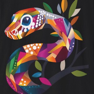 May include: A colourful geometric snake design with a black background. The snake is wrapped around a branch with green leaves.