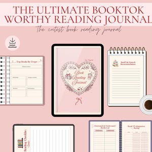 Può includere: Un set di diario di lettura digitale con copertina rosa, cornice in pizzo a forma di cuore, illustrazioni di libri e il testo THE ULTIMATE BOOKTOK WORTHY READING JOURNAL. Include vari layout di pagina per tracciare libri e valutazioni.