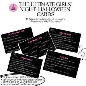 Può includere: Un set di 15 carte da gioco di Halloween stampabili con sfondi neri e testo rosa e bianco. Le carte includono titoli come He's A Scary 2 But, Kiss Marry Kill, This Or That e Pick One, con elenchi di riferimenti alla cultura pop.
