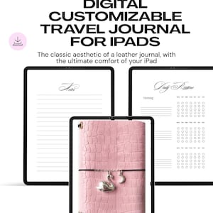 Può includere: Un diario di viaggio digitale personalizzabile per iPad con una copertina rosa effetto coccodrillo e un ciondolo argentato a forma di cigno e luna. Lo schermo mostra una pagina di note a righe e una pagina di routine con caselle.