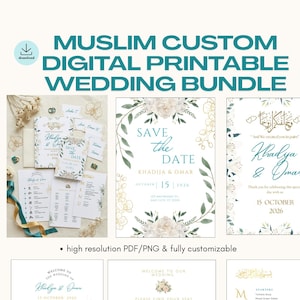 Muslim Wedding Invitation Suite PNG, Custom Nikah Stationery Bundle, Islamic Floral Wedding Template, Printable Seating Chart Menu, Digital