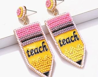 Teacher Earrings Beaded Teacher Pencil Book  Dangle Earrings Teacher Appreciation Gifts Back To School Jewelry