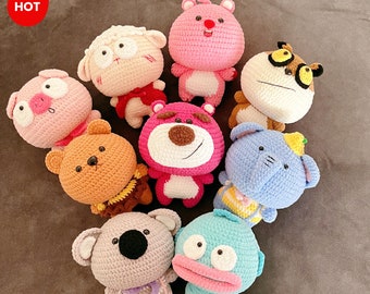 Crochet animal stuffed plush with extra wooden stand handmade amigurumi animal crochet toy crochet koala raccoon elephant pig fishman bear