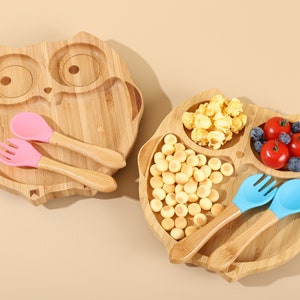 Personalized 100% BPA Free bamboo baby Plate for Baby Toddler Feeding Set with food grade Silicone Spoons Set for 6 month baby Divided Plate