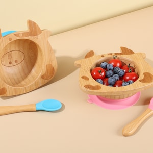 Personalized baby bamboo bowl cute calf style comes with food grade Silicone Spoon for Baby gift baby shower gift for 6 month or older baby