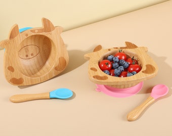 Personalized baby bamboo bowl cute calf style comes with food grade Silicone Spoon for Baby gift baby shower gift for 6 month or older baby