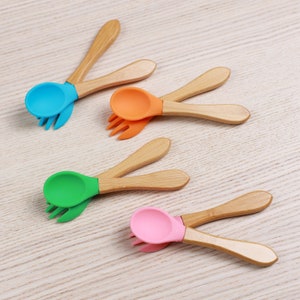 Personalized Baby Spoon and Fork Set: Bamboo Handle, Silicone Tip