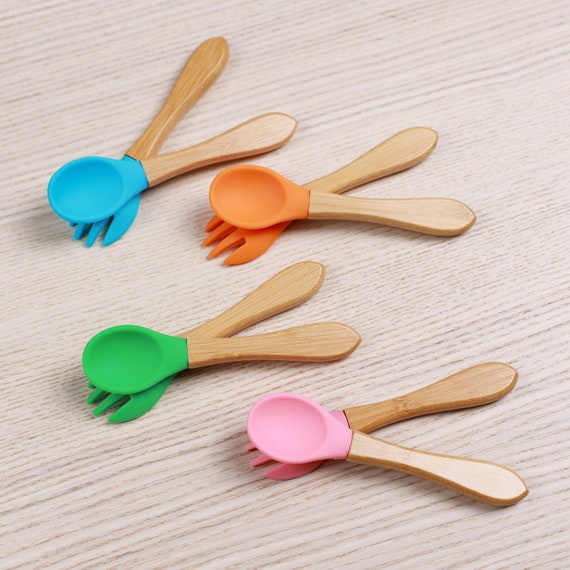 Lovely Bamboo & Silicone Baby Spoons for Learning Self-Feeding